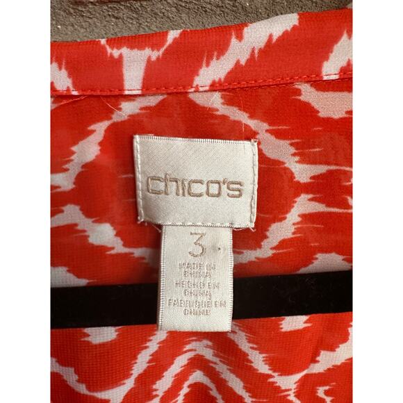 Chico's Women's Orange White Geometric High Low Sheer Tunic Top Blouse Size 3 - Picture 3 of 3